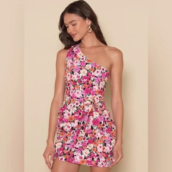 Lulus Gorgeous Garden Pink Floral One-Shoulder Faux-Wrap Mini Dress NWT Large - Picture 2 of 8